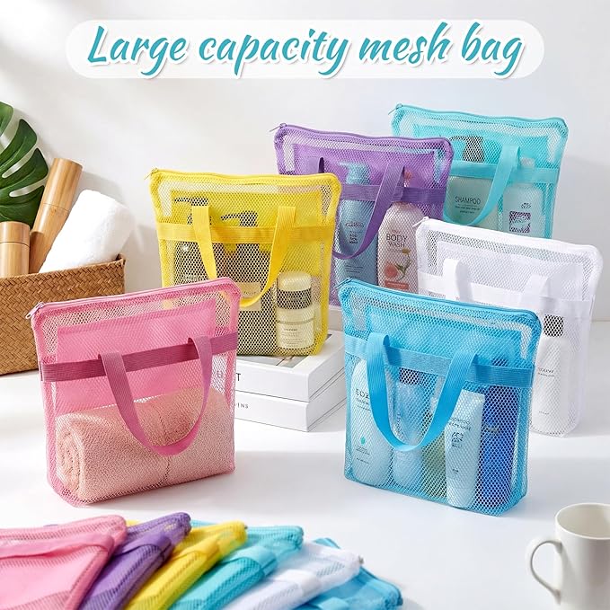 20 Pcs Mesh Shower Caddy Bags Portable Mesh Beach Bags Bulk with Zipper & 2 Pockets Hanging Toiletry and Bath Organizer for Gym Swimming Travel Camping College Dorms Beach (Macaron Color)