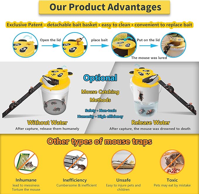 2 Packs Mouse Trap Bucket,Automatic Reset Flip Mouse Traps, Humane Rat Traps Indoor &Outdoor Use,5 Gallon Bucket Compatible,Reusable Mice Catching Tool (2 Packs, Yellow)