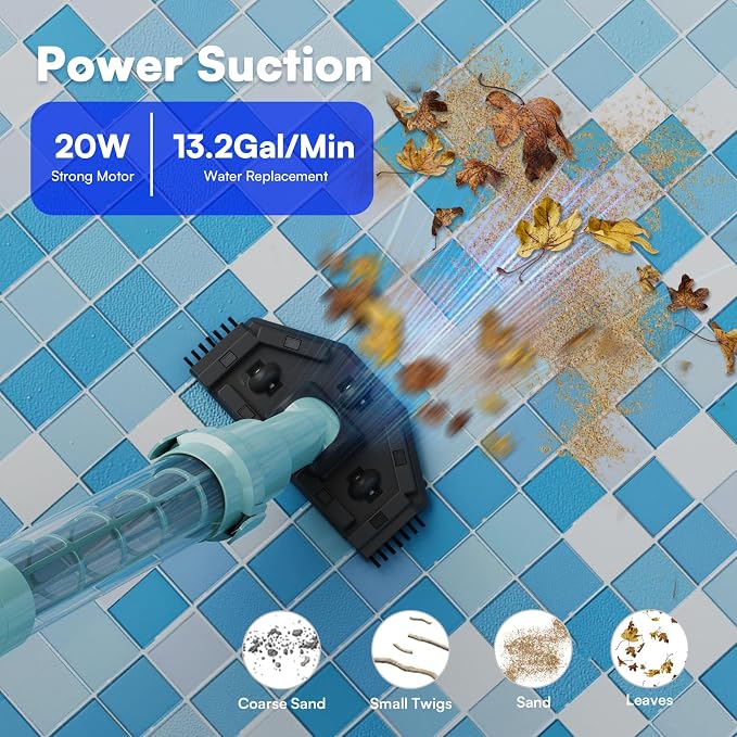 PoolMr Handheld Pool Vacuum for Above Ground Pool & Hot Tub Vacuum, with 2 Brush Heads, 90 Mins Running Time, 13.2 Gallons/Min Powerful Suction, Ideal for Cleaning Debris and Sand Underwater, Cyan