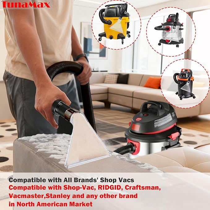 TunaMax Universal Work with All Shop Vacs Extractor Attachment with 1-1/4" & 1-7/8" & 2-1/2" Three Adapters for Upholstery & Carpet Cleaning & Auto Detailing, Large 7-1/2" Width Clear Head