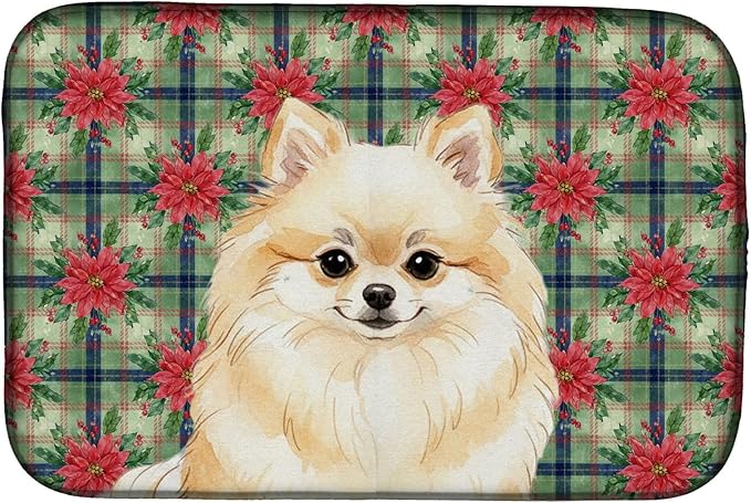 Caroline's Treasures Cream Pomeranian Christmas PoinsettIas Dish Drying Mat Absorbent Dish Drying Mat Pad for Kitchen Counter Dish Drainer Mat for Countertop, 14 x 21", Multicolor