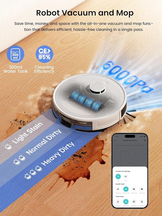 Lefant LiDAR Robot Vacuum and Mop, 90-Day Self-Emptying, 190° PSD Obstacle Avoidance, Customized Cleaning, Multi-Floor Mapping, 6000Pa Strong Suction, 140 Min Runtime, WiFi/Alexa/APP/iWatch, M2 Pro