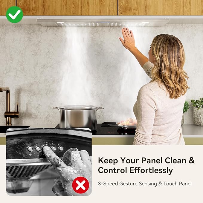 Hermitlux 30 inch Built-in/Insert Range Hood, 600 CFM Stainless Steel Vent Hood with 3 Speed Gesture Sensing & Touch Control Panel, Ducted/Ductless Convertible, LED Light and Charcoal Filters