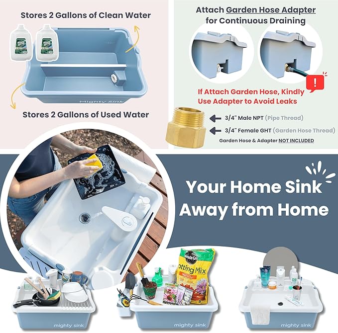 Mighty Sink Portable Sink: Patented Wash Station with Electronic Faucet | 2 Gallons | Easy Setup | Indoor & Outdoor Use | Ideal for Dishwashing, Camping Hygiene, Gardening, Pottery & More
