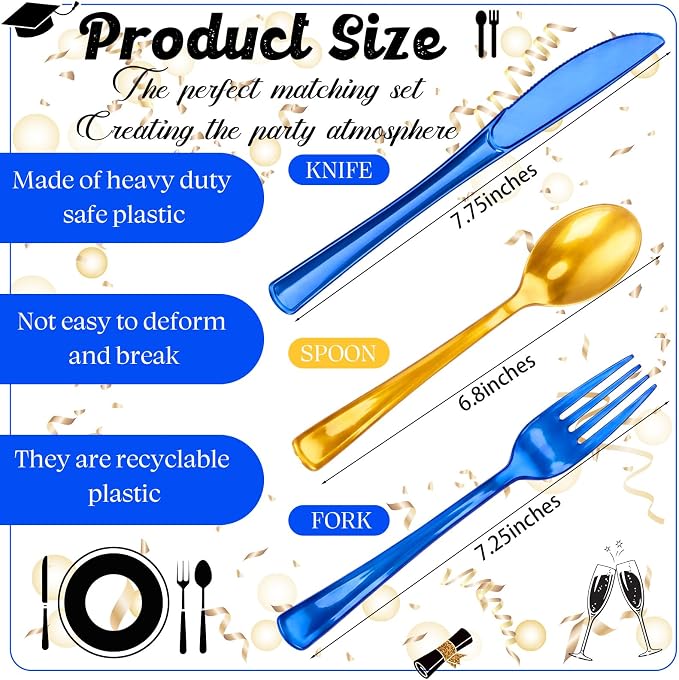 Minatee 180 Pcs Blue and Gold Plastic Silverware Heavy Duty Cutlery Sets Disposable Utensils for Holiday Birthday Themed Party Supplies, 60 of Each Forks Knives Spoons