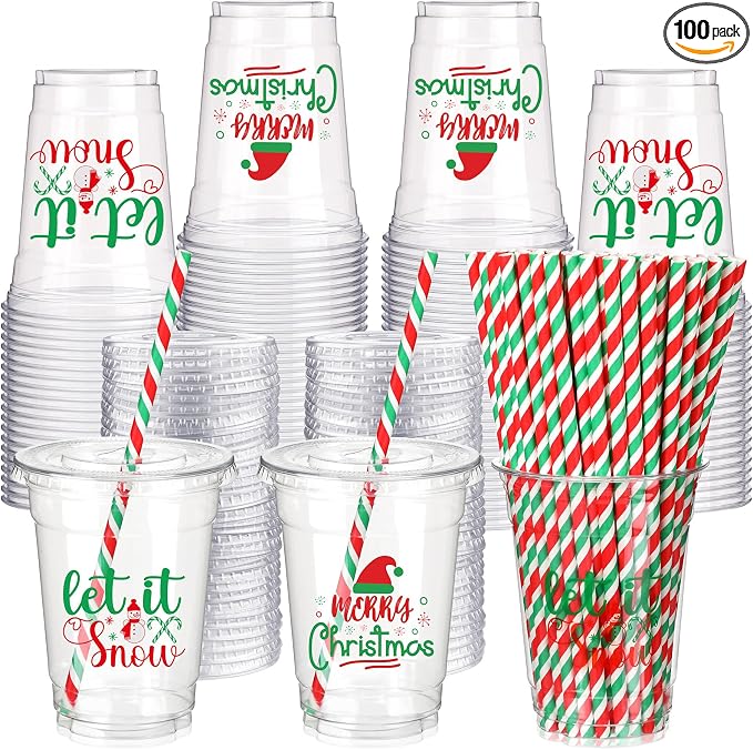Yaomiao 300 Pcs 12 oz Christmas in July Plastic Cups with Lids and Straw Christmas Plastic Cups Merry Christmas Disposable Clear Cups Xmas Cups Holiday Cups for Beer Coffee Snacks Party