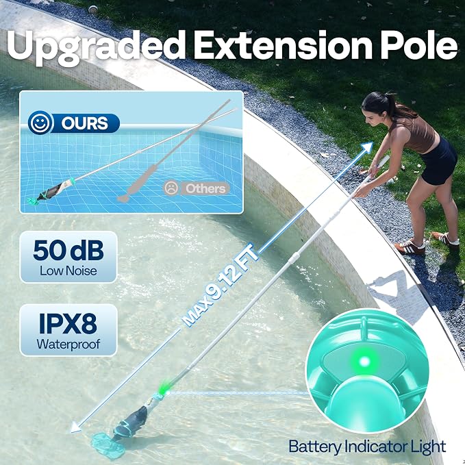 VIVOHOME Cordless Hot Tub Vacuum with Telescopic & Extension Poles 9.12ft, 18.5 GPM Suction, 60-Min Run Time, Handheld Cleaner Rechargeable with Battery Indicator for Pools/Spas- Green