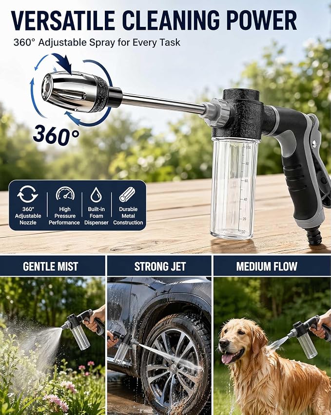 Heavy Duty Garden Hose Nozzle, 2026 Upgraded High Pressure Water Cleaning Jet, Multi-Function Sprayer for Lawn, Yard, Car, Pet, Driveway – Universal Fit 3/4 Inch Thread, No Electricity Needed