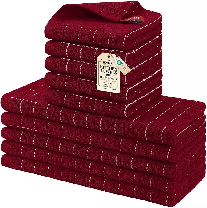 Homaxy Kitchen Towels and Dishcloths Set, 12 x 12 and 13 x 28 Inches, Set of 10 Bulk Cotton Terry Kitchen Towels Set, Checkered Designed, Soft and Super Absorbent Dish Towels, Brick Red