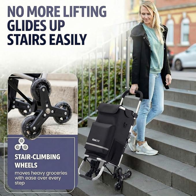 Stair Climbing Cart - Shopping Cart with Wheels for Stairs, Foldable Tri-Wheel Grocery Cart for Seniors & Apartments, 55L Bag with Insulated Cooler, Adjustable Handle, 110 Lbs, Waterproof
