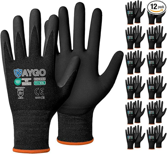 KAYGO Safety Work Gloves MicroFoam Nitrile Coated, 12 Pairs KG18NB,Seamless Knit Nylon Glove with full fingers Touchscreen, Ideal for Automotive,Warehouse,Construction (2XL, Black)