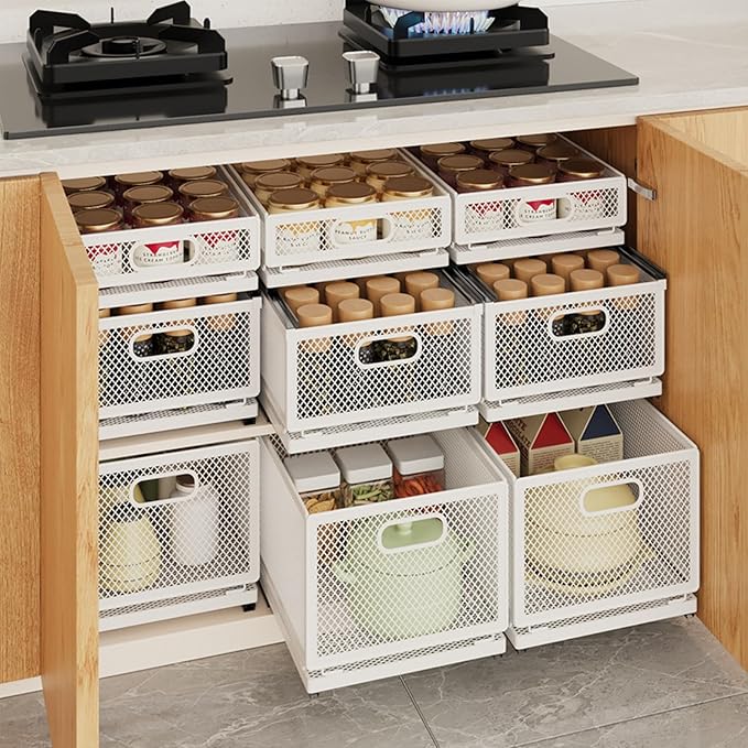 Pull Out Cabinet Organizer, Slide Out Drawers Fixed with Adhesive Nano Film, Pantry Shelves Sliding Drawer Storage Organization for Kitchen (Double Layer 15.7*9.4*12.28inch/40*24*31.2cm)