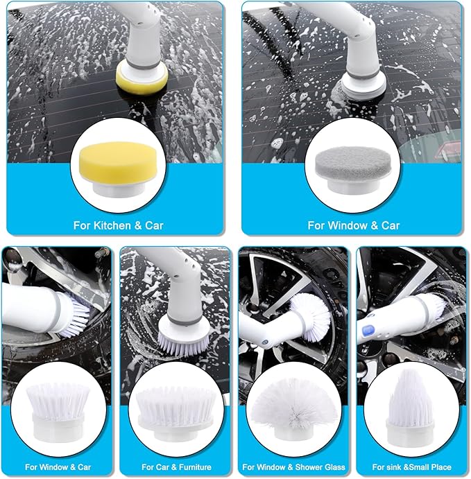 Electric Spin Scrubber, Cordless Cleaning Brush with 6 Replaceable Brush Heads, Adjustable Extension Handle, Power Cleaning Brush for Bathroom, Kitchen, Car, Tile, Wall, Tub and Floor (White)