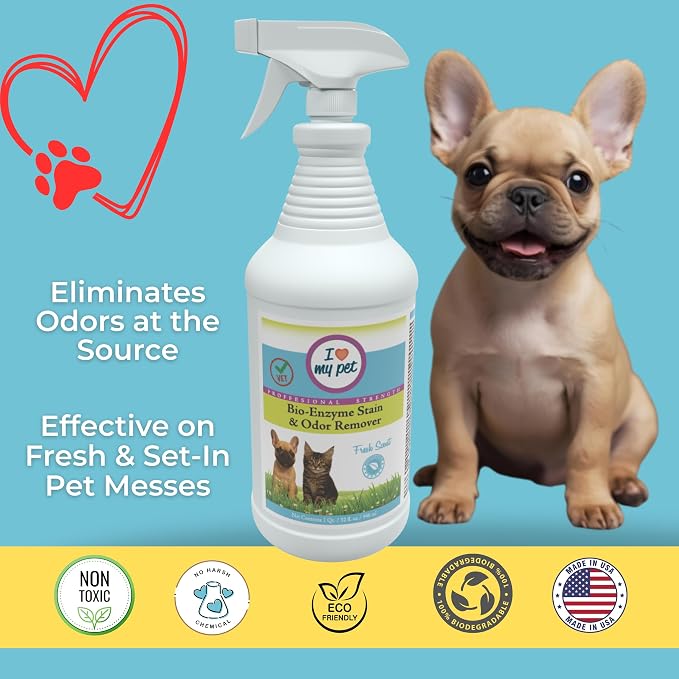 I Love My Pet Enzyme Stain & Odor Eliminator for Dog & Cat Urine – Professional Strength Cleaner for Carpets, Furniture & Upholstery – Pet-Safe, Works on Set-In Odors – 32 oz
