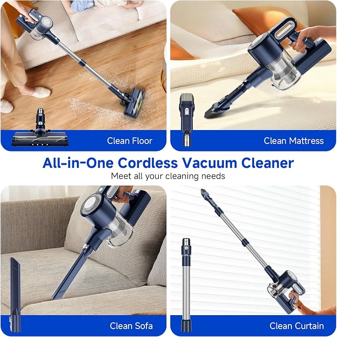Cordless Vacuum Cleaner: 30KPA Powerful Suction Stick Vacuum, Anti-Tangle | Portable 6-in-1 Rechargeable Vacuum, Green LED Light, Ideal for Pet Hair, Low-Pile Carpets & Hard Floors-Dark Blue