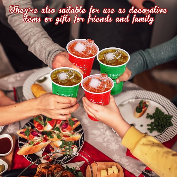 Pickmesh 50 Pcs Christmas Plastic Cups 16oz Red and Green Merry Bright Disposable Cups for Xmas Party Supplies Seasonal Holiday Party Tumblers for Hot Cold Drinks Coffee Juice Beer Candy Snacks