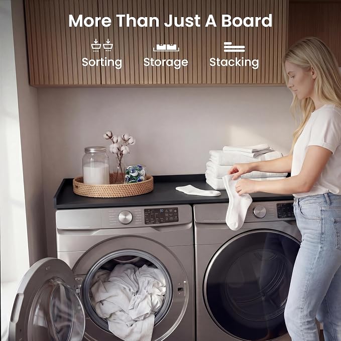 NORTH BLOOM Premium Washer Dryer Countertop 54" W x 27.5" D x 3.1" H, One Solid Base Board Laundry Room Topper with Edge Rails, Washing Machine Top, Painted Finish, Anti-Slip Feet (Black Color)