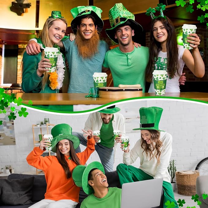 Jingmore 60 Pack St. Patrick's Day Disposable Coffee Cups with Lids and Sleeves 16 oz Irish Coffee Cups Green Shamrock Paper Cups Disposable Drinking Cups for Irish Holiday Party Supplies
