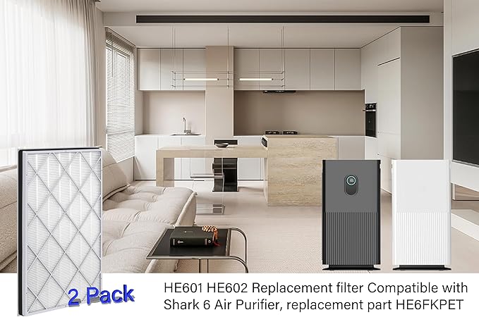 HE6FKPET Replacement Filter for Shark HE600 HE601 HE602 6 Fan Air Purifier, Compare Part HE6FKPET HE6FKBAS HE6FKPRO, 2 Pack