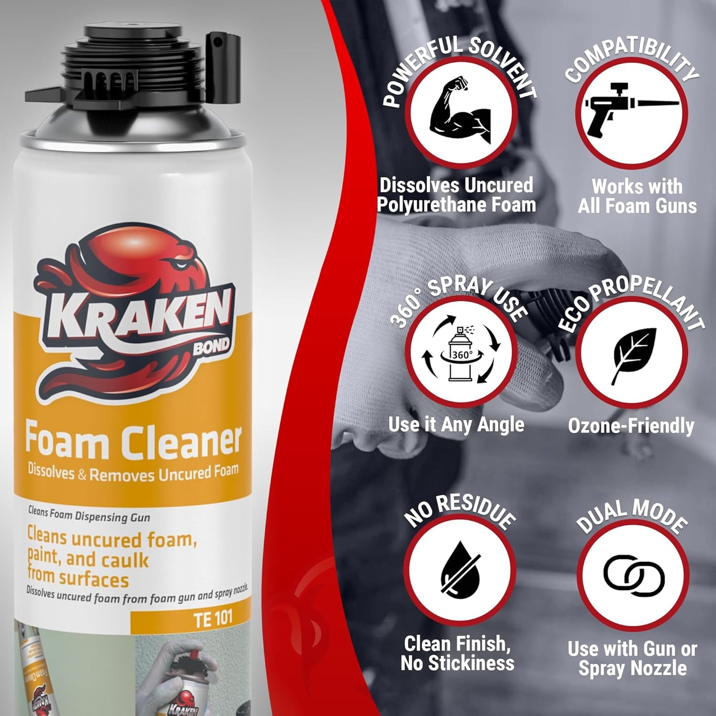 Kraken Bond Spray Foam Gun Cleaner - (24x12.3oz) Polyurethane Insulation Cleaner Spray, Dissolves Uncured Expanding Foam Cleaner Spray for Extended Tool Durability - 24 Pack