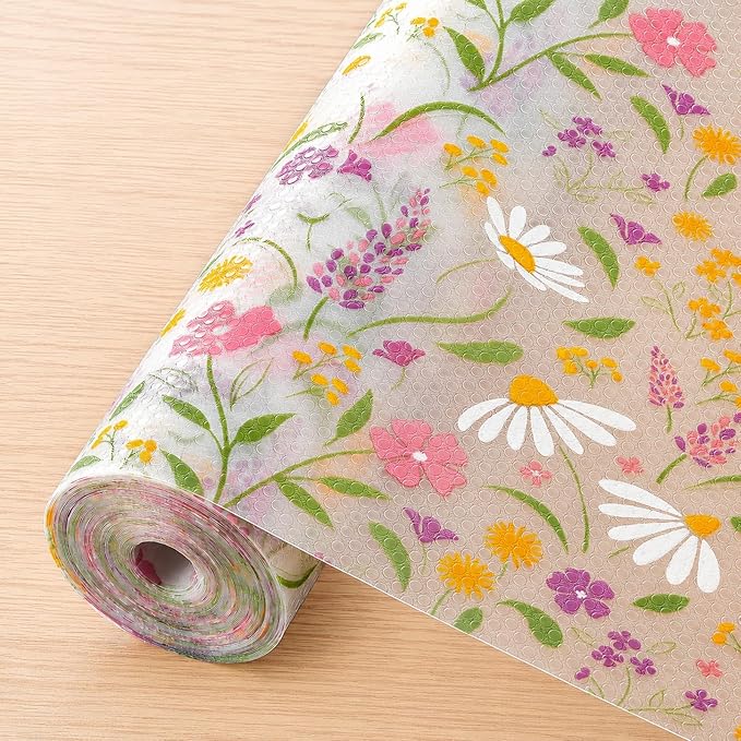 INNOLITES Shelf Liner for Kitchen Cabinets, Non-Adhesive Drawer Liner, Waterproof Washable EVA Floral Pattern, Protect Dresser Cupboard Refrigerator Shelves (Sage Wildflower, 17.5" x 360")