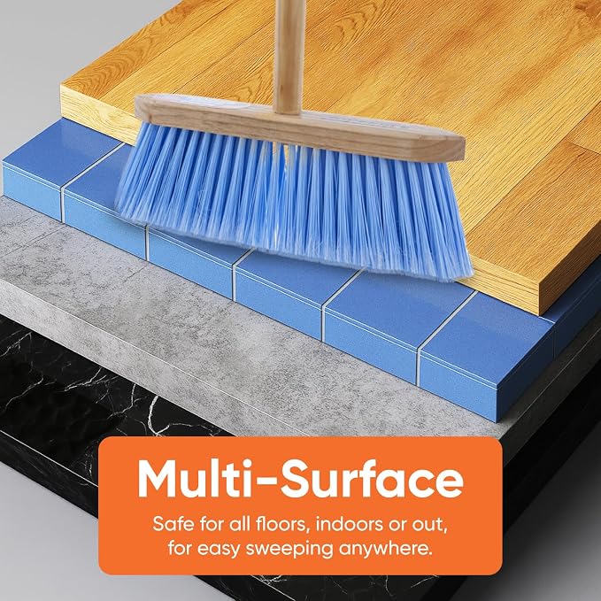 Superio Kitchen Broom - USA Wood Handle, Fine Premium Blue Bristles - Heavy Duty Household Broom - Easy Swiping Dust and Wisp, Home, Kitchen, Lobby, Floors and Corners.