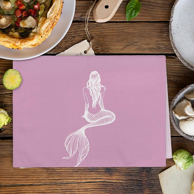 Coastal Mermaid Beach Decor Dish Hand Tea Towels for Bathroom Kitchen, Mermaid Ocean Beachy Bathroom Decor Gifts for Girls, Pink Blue Nautical Kitchen Towels and Dishcloths Sets of 2, 16x24in