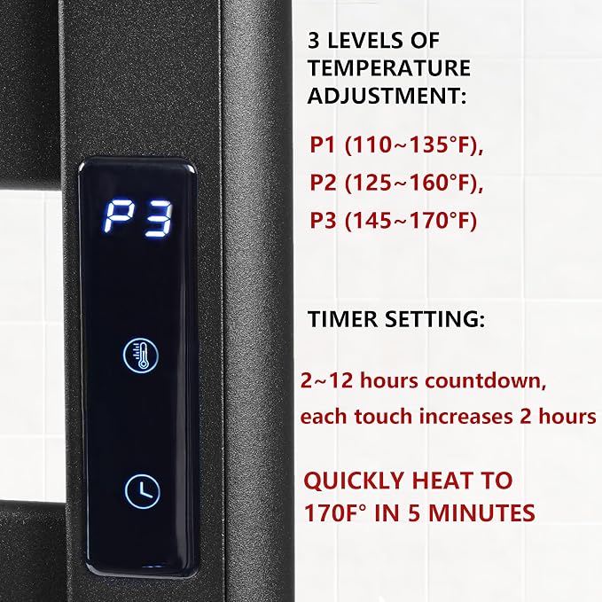 Towel Warmer for Bathroom, 6-Bar, Upgraded Extra-Wide Heating Area, Built-in Timer and Temperature Adjustment, Overheating Protection. Large Free-Standing Heated Towel Rack，Matte Black