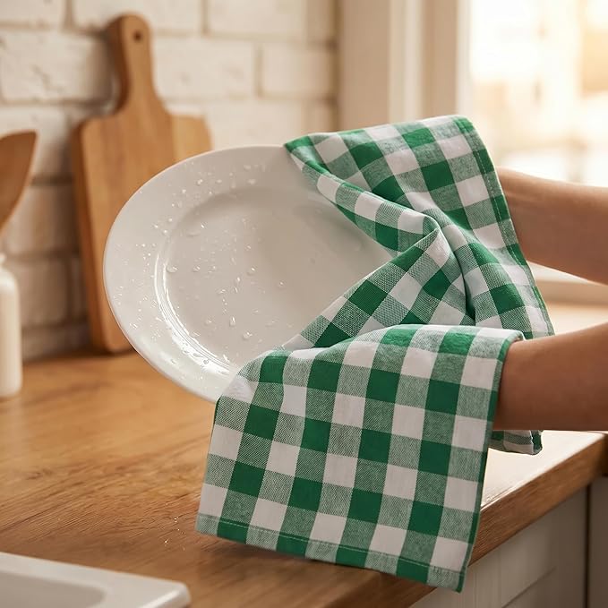 Urban Villa Kitchen Towels 100% Cotton Dish Towels for Kitchen (Set of 6) 20”x30” Dish Cloths Highly Absorbent Kitchen Linen Set with Hanging Loop Perfect for Drying Dishes Cleaning – Hunter/White