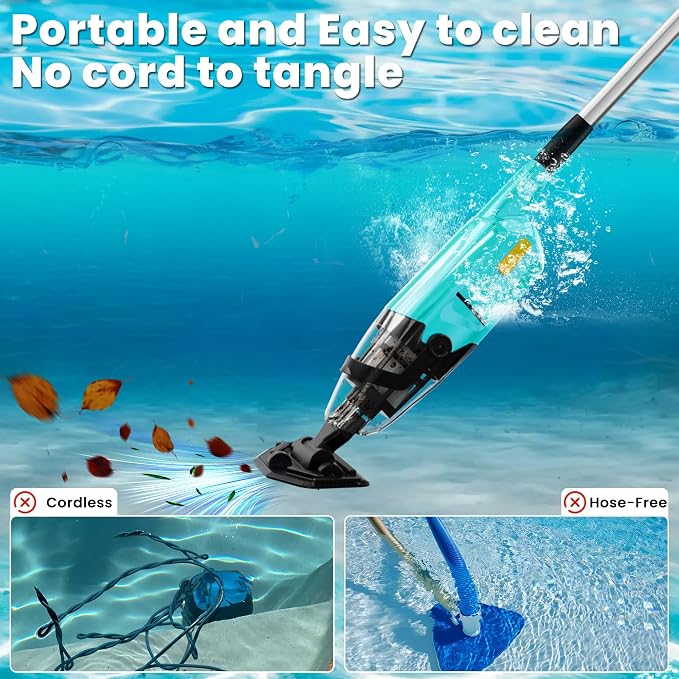 Cordless Pool Vacuum Cleaner for Above Ground Pool & In Ground Rechargeable Pool Vacuum Cleaner - 90 Mins Runtime, Spa Vacuum for Hot Tub- Fast 3H Charge (Green)