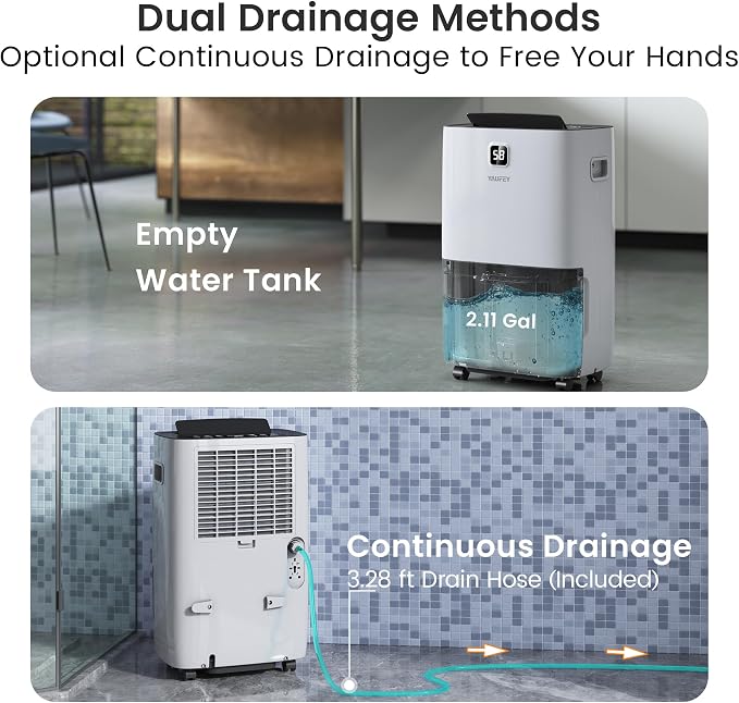 Yaufey 150 Pints Dehumidifier for Home, Basement and Large Room up to 8000 Sq. Ft., with Drain Hose, Timer, Intelligent Humidity Control and Large Water Tank