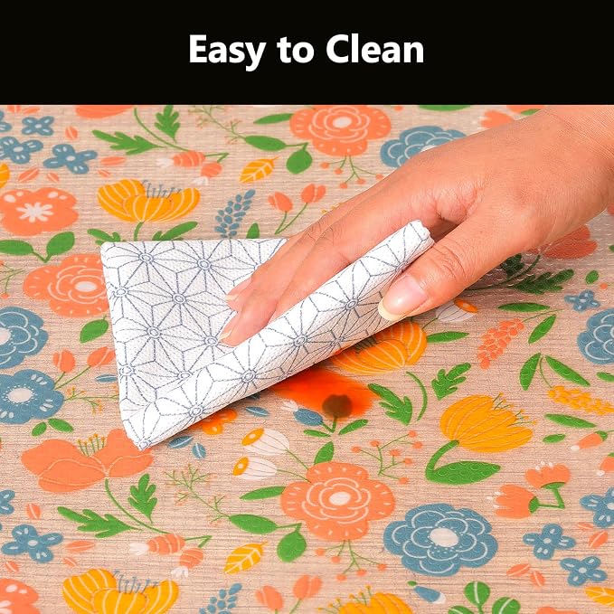INNOLITES Shelf Liner for Kitchen Cabinets, Non-Adhesive Drawer Liner, Waterproof Washable EVA Floral Pattern, Protect Dresser Cupboard Refrigerator Shelves (Honey Coral Blue, 17.5" x 197")