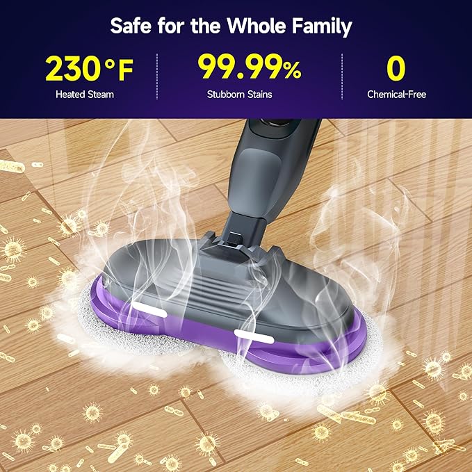 Scrub & Steam Mop with Rotating Mop Pads, LED Headlights, 6 Scrub Pads, Large Tank, Swivel Steering, Effortless Scrubbing Hard Floor Cleaner Upgraded