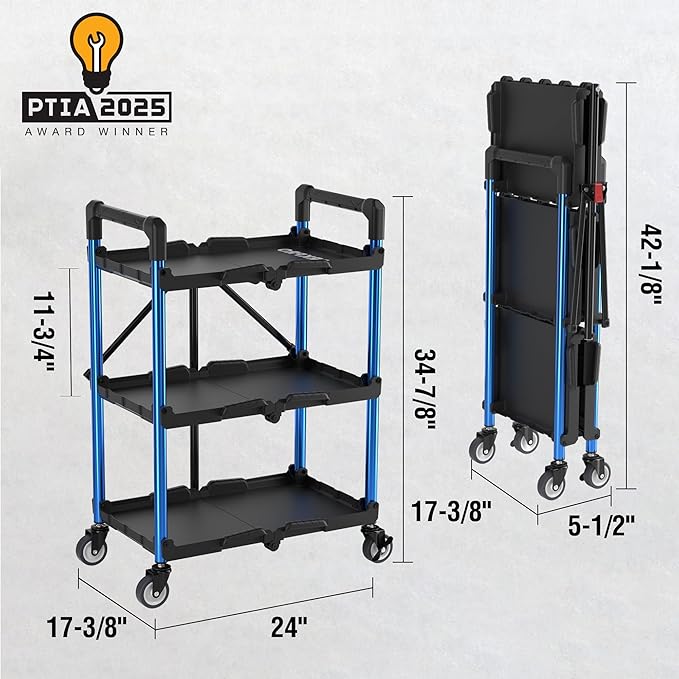 WORKPRO 3-Tier Collapsible Service Cart, Black/Blue, 210 LBS Foldable Utility Cart with Wheels, Portable Rolling Tool Cart for Garage, Warehouse, Home, Restaurant and Office (No Assembly Required)