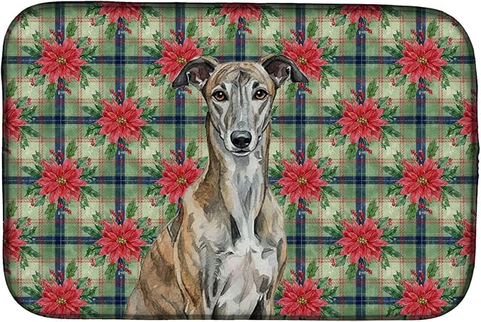 Caroline's Treasures Brindle Greyhound Christmas PoinsettIas Dish Drying Mat Absorbent Dish Drying Mat Pad for Kitchen Counter Dish Drainer Mat for Countertop, 14 x 21", Multicolor