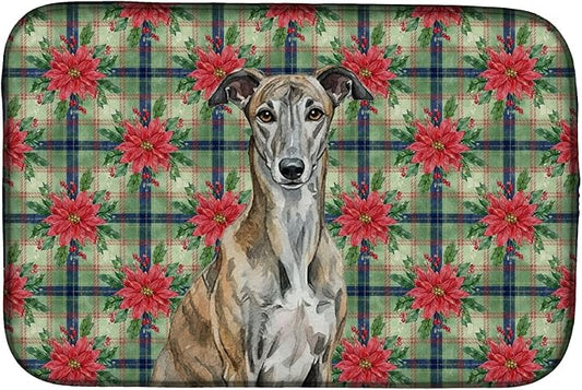 Caroline's Treasures Brindle Greyhound Christmas PoinsettIas Dish Drying Mat Absorbent Dish Drying Mat Pad for Kitchen Counter Dish Drainer Mat for Countertop, 14 x 21", Multicolor