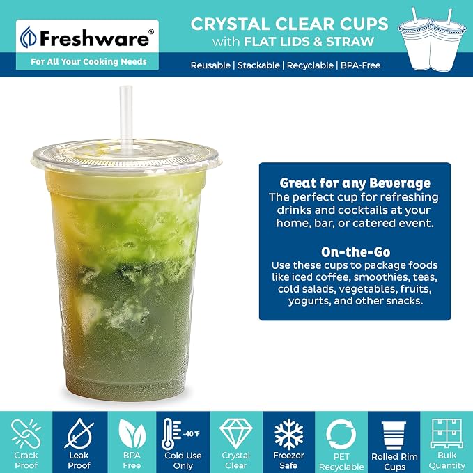 Freshware 16 oz Clear Disposable Plastic Cups with Flat Lids and Straws, 100 Pack Clear Plastic Cups Tumblers, Heavy-duty Party Glasses, Disposable Cups for Thanksgiving, Halloween, Christmas Party