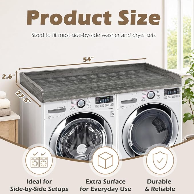 Royxen Washer Dryer Countertop with Solid Wood Core,54“W x 27.5D Laundry Countertop with Edge Rails,Washer and Dryer Topper for Laundry Room Organization (Eucalyptus)