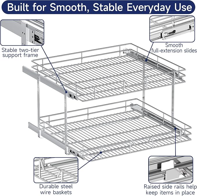 2-Tier Pull Out Cabinet Organizer, 22.5" W x 21.5" D, Heavy Duty Dual Slide Out Shelves for Wide Base Cabinets, Chrome Wire Basket Drawer for Pots, Pans, Pantry & Cleaning Supplies