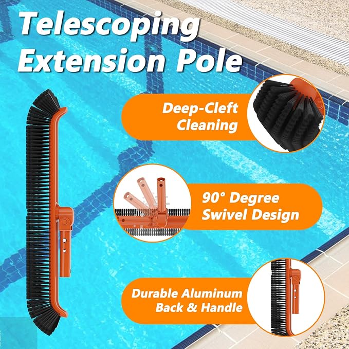 Buyplus 16FT Telescoping Pool Pole with Brush, Heavy Duty Reinforced Aluminum Telescopic Pole Adjusts 4-16 Feet, Includes 19" Swimming Pool Brush Head, Universal Fit for Skimmer Net, Vacuum Head