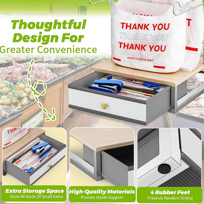 Plastic Grocery Bag Holder with Drawer, Metal Plastic Bag Organizer, Detachable Trash Bags Holder Dispenser Storage for T-Shirt, Shopping Bags, for Groceries Store, Supermarket (White)