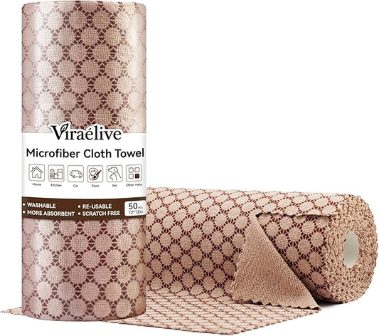 Microfiber Cleaning Cloth Roll, 50-Count, Reusable, Durable, Absorbent, Lint-Free Non-Scratch Towels, Dish Rags for Kitchen, Home, Window & Screens, Paper Towel Alternative, Brown Dot, 12x12 in