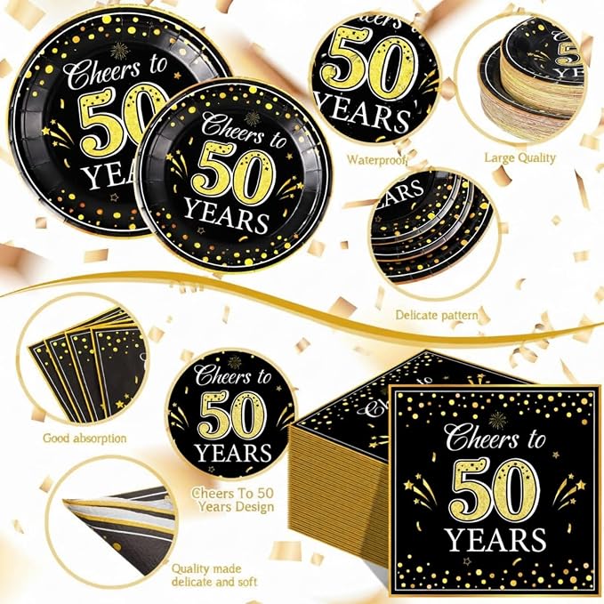 Pickmesh 250 Pcs 50th Birthday Party Supplies Decorations Serve 50 Black Gold Cheers to 50 Years Disposable Paper Plates Napkins and Cups for Women Men 50th Birthday Wedding Anniversary Party Supplies