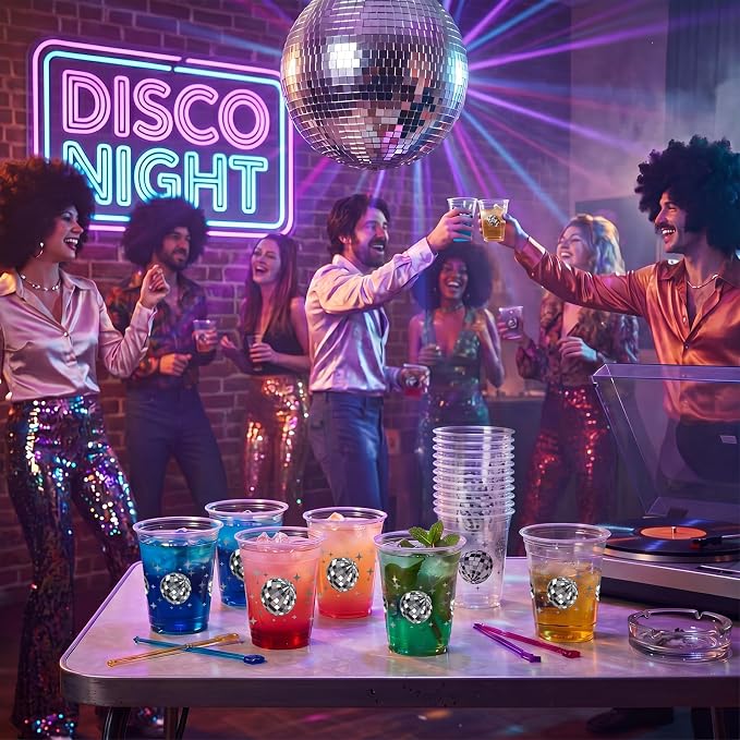 Uiifan 50 Pcs Disco Plastic Cups Disco Ball Party Decorations 12 oz Disposable Clear Decades Bachelorette Cups for Cowgirl Y2k Birthday Wedding 70s 80s 90s Party Supplies Bridal Shower Favors
