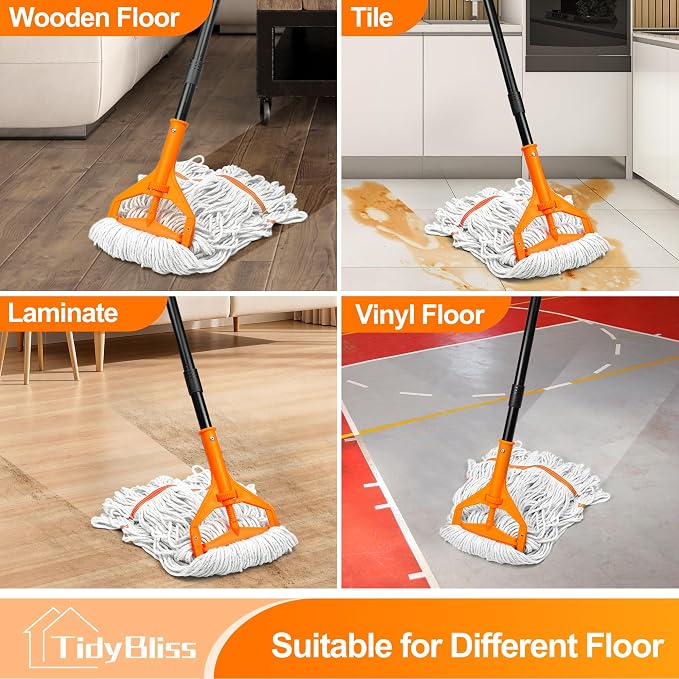 TidyBliss Commercial Mop Heavy Duty, 55 inches Long Handle Large Looped-End Industrial String Floor Cleaner, Professional Dry Wet Cotton Cleaning Tool for Concrete Tile Hardwood Office Garage (Orange)