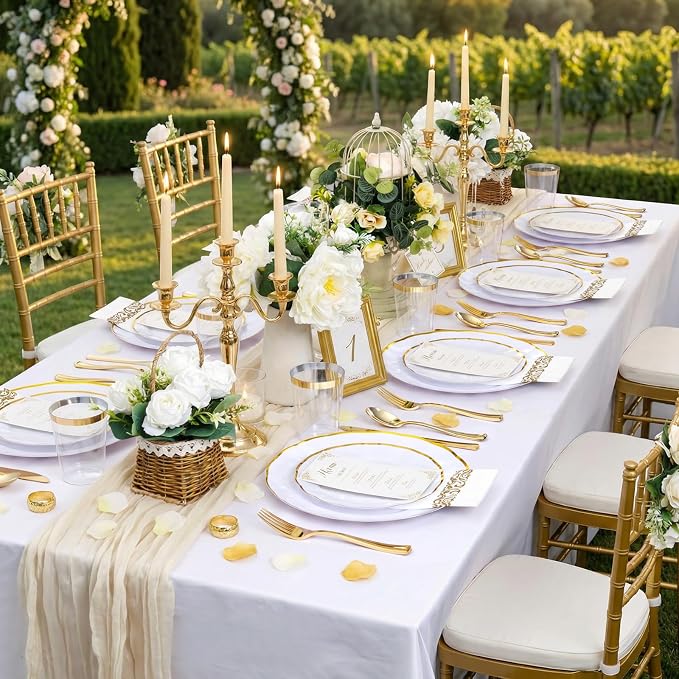 LIYH 350 Pcs White Plates for Wedding Reception Plastic Plates for Party 50 Guest 100 Disposable Plates 150 Gold Plastic Silverware 50 Gold Cups 50 Napkins Perfect for Wedding Birthday