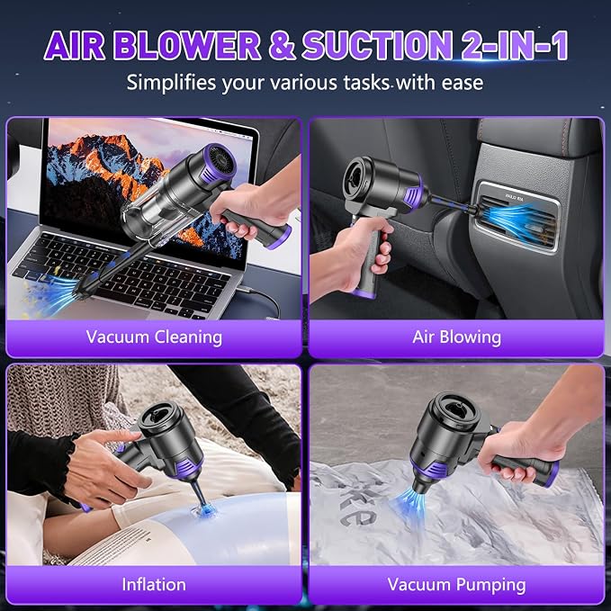 KMM Handheld Car Vacuum Cleaner, 16000PA Air Duster & Vacuum Cleaner, 120W High Power Hand Held Vacuum Cordless, Portable Vacuum Rechargeable with Multi-Nozzles & LED Light for Car, Home, Pet, Office