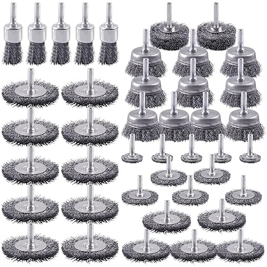 Rocaris 42 Pack Carbon Steel Wire Wheel, Cup, Pen Brush Set with 1/4-Inch Round Shank for Rust Removal, Corrosion and Scrub Surfaces