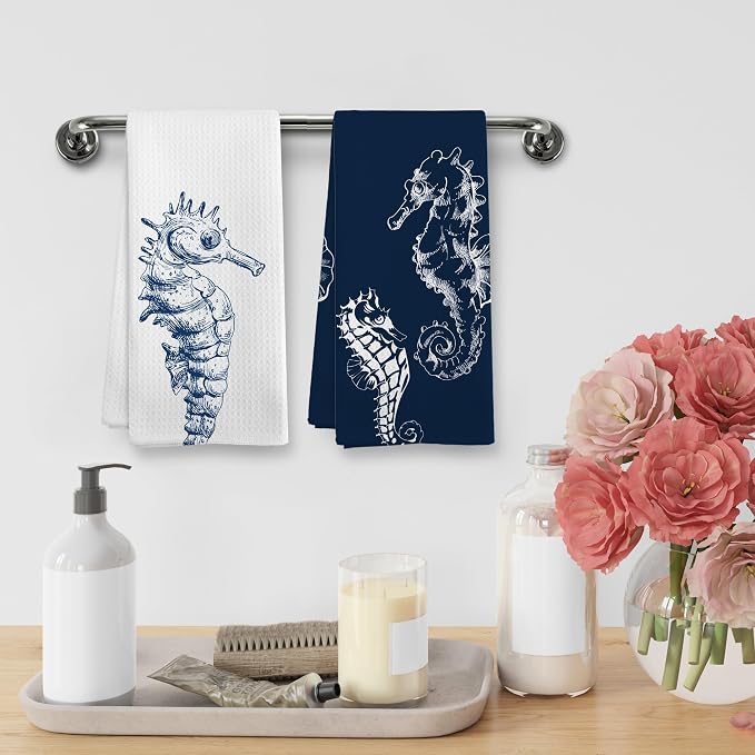 Coastal Seahorse Beach Decor Dish Hand Tea Towels for Bathroom Kitchen, Blue Seahorse Ocean Nautical Beachy Bathroom Decor, Coastal Nautical Kitchen Towels and Dishcloths Sets of 2, 16x24Inch