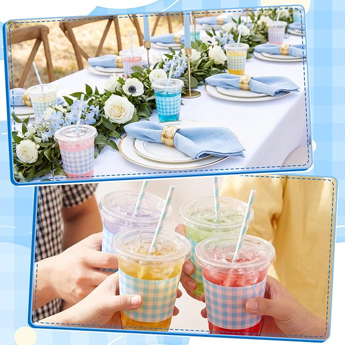 Domensi 25 Sets Blue and White Gingham Plastic Cups with Lids and Paper Straws 12oz Checkered Disposable Drinking Cups Bulk for Cold Drinks Baby Shower Wedding Birthday Summer Party Supplies